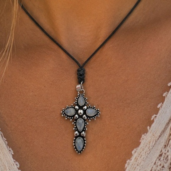 Jewelry - Rainbow Moonstone Cross Pendant Necklace Adjustable Tibetan Handmade Black Cord
